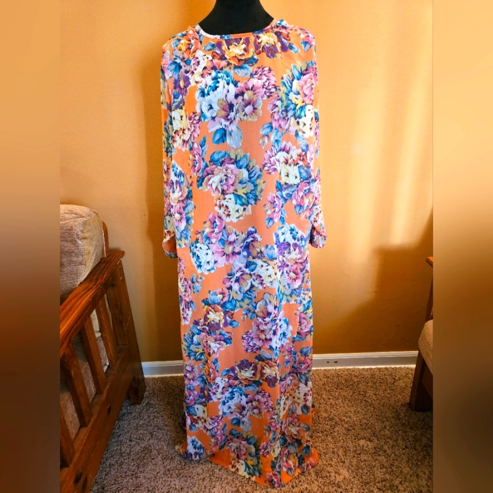 Orange and Blue Long Sleeve Abaya Style Dress with Bishop Sleeves